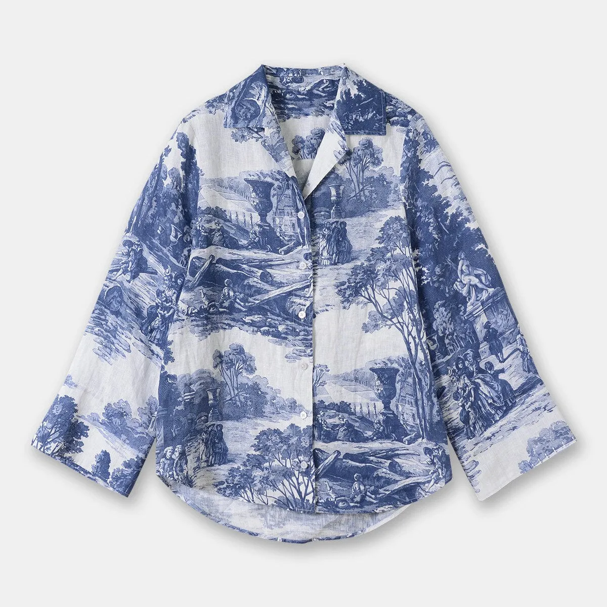 2023 Summer New Women Loose-fit Lapel Blue and White Printed Short-sleeved Shirt/shorts of The Same Style