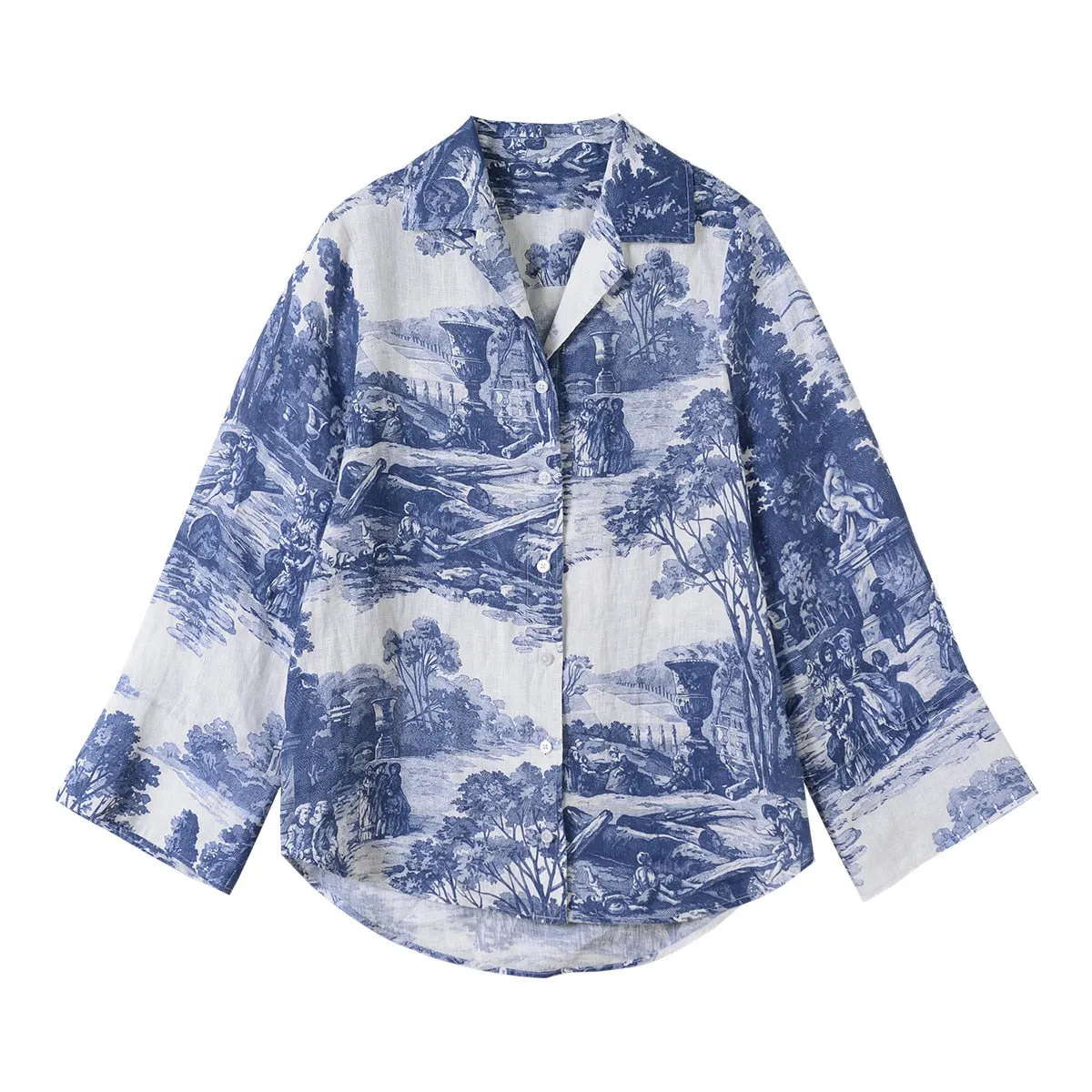 2023 Summer New Women Loose-fit Lapel Blue and White Printed Short-sleeved Shirt/shorts of The Same Style