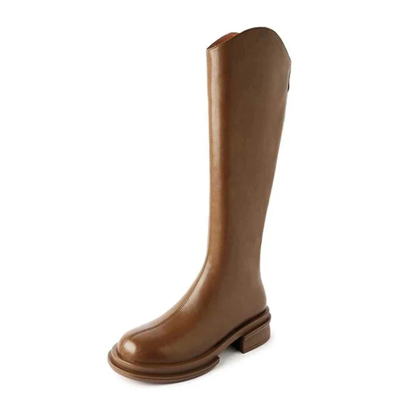 2024 Cow Leather Round Toe Med Heels Winter Keep Warm Riding Boots