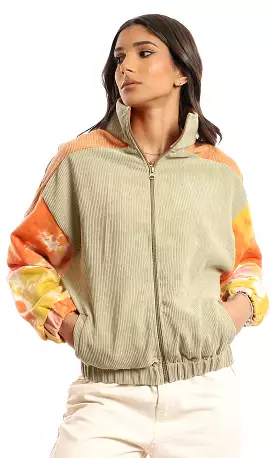 96109 Ribbed Zipper Through Neck Jacket - Mint, Orange & Mustard