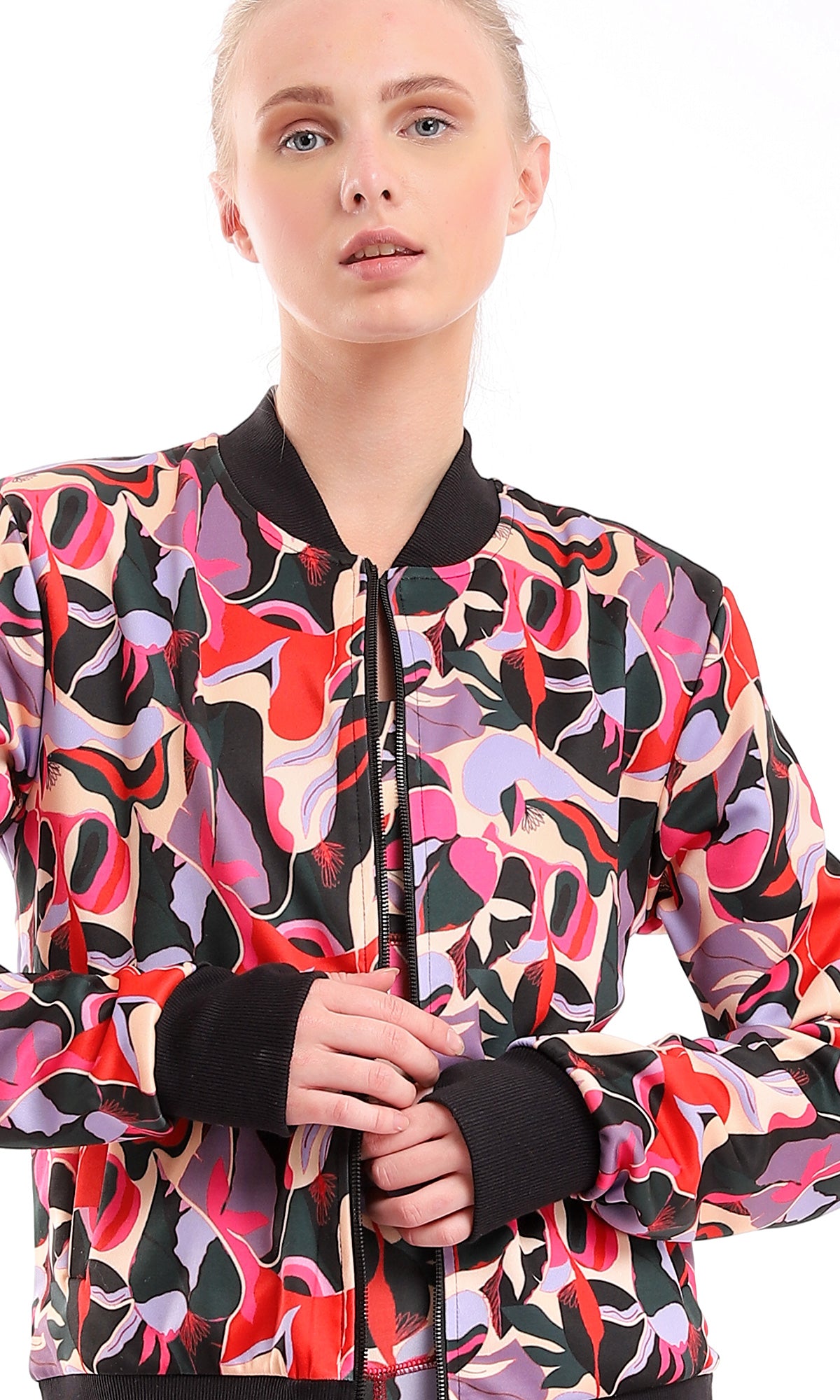 98077 Colorful Pattern Mandarin Collar Zipped Sweatshirt