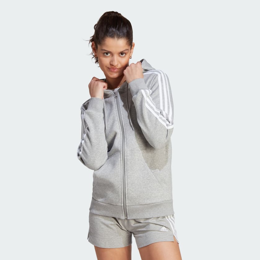 ADIDAS WOMEN'S 3-STRIPES FLEECE FULL-ZIP GREY JACKET