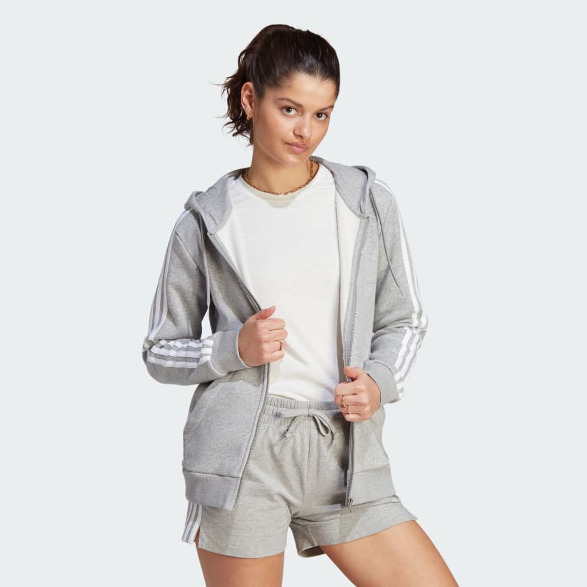 ADIDAS WOMEN'S 3-STRIPES FLEECE FULL-ZIP GREY JACKET