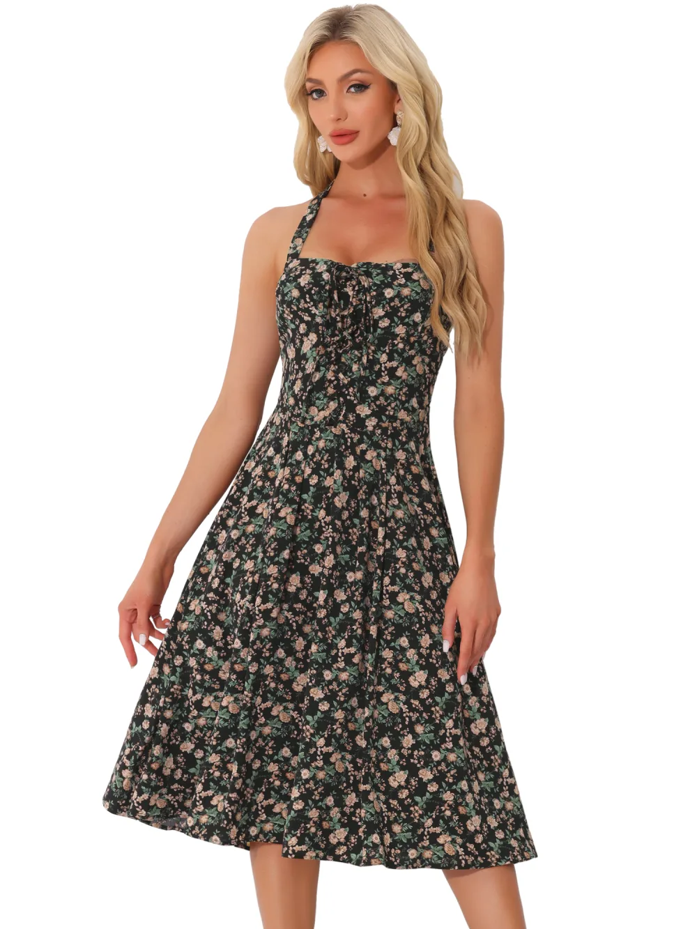 Allegra K - Summer Lace Up Halter Neck Floral Dress