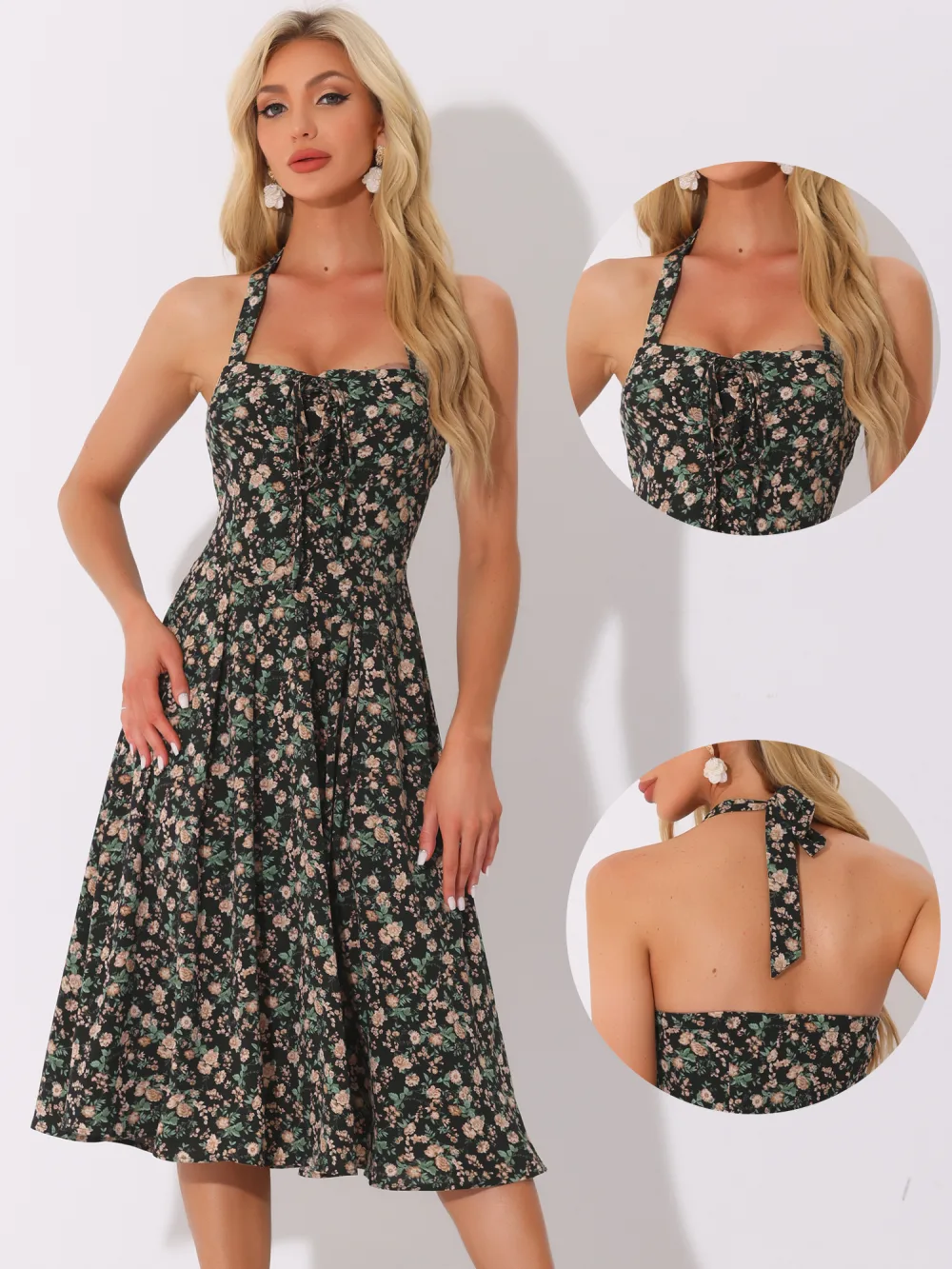 Allegra K - Summer Lace Up Halter Neck Floral Dress