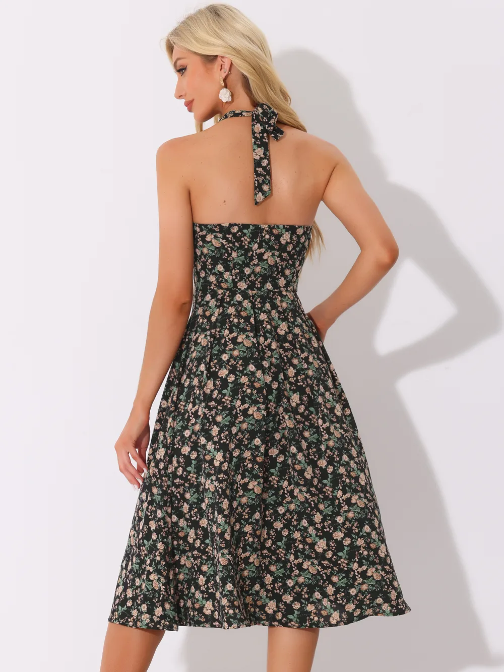 Allegra K - Summer Lace Up Halter Neck Floral Dress