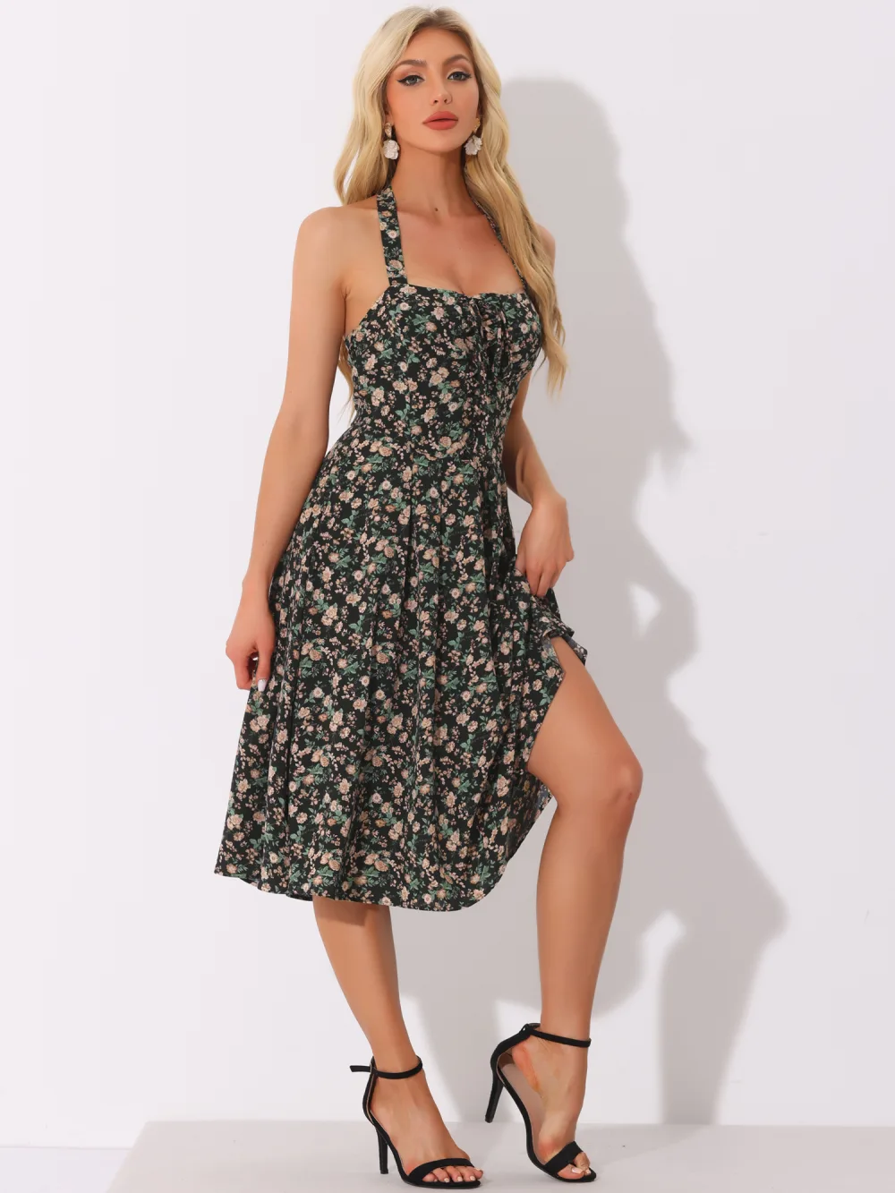 Allegra K - Summer Lace Up Halter Neck Floral Dress