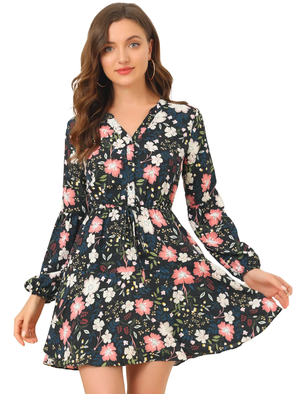 Allegra K- Button Front Tie Waist Vintage Long Sleeve Floral Dress