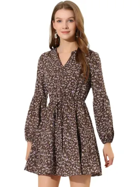 Allegra K- Button Front Tie Waist Vintage Long Sleeve Floral Dress