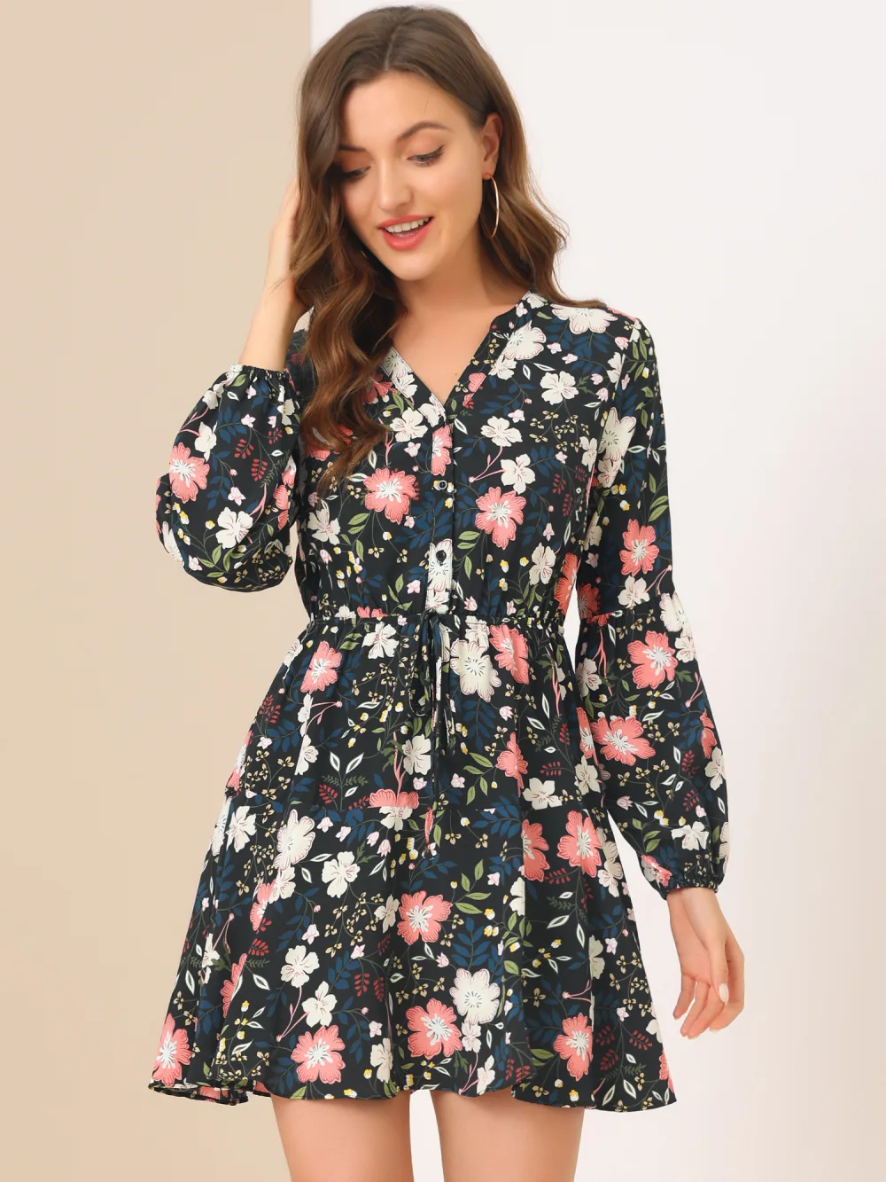 Allegra K- Button Front Tie Waist Vintage Long Sleeve Floral Dress