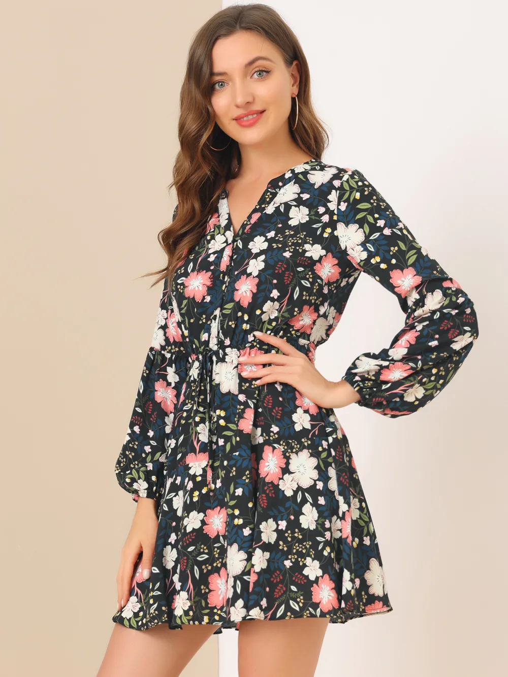 Allegra K- Button Front Tie Waist Vintage Long Sleeve Floral Dress