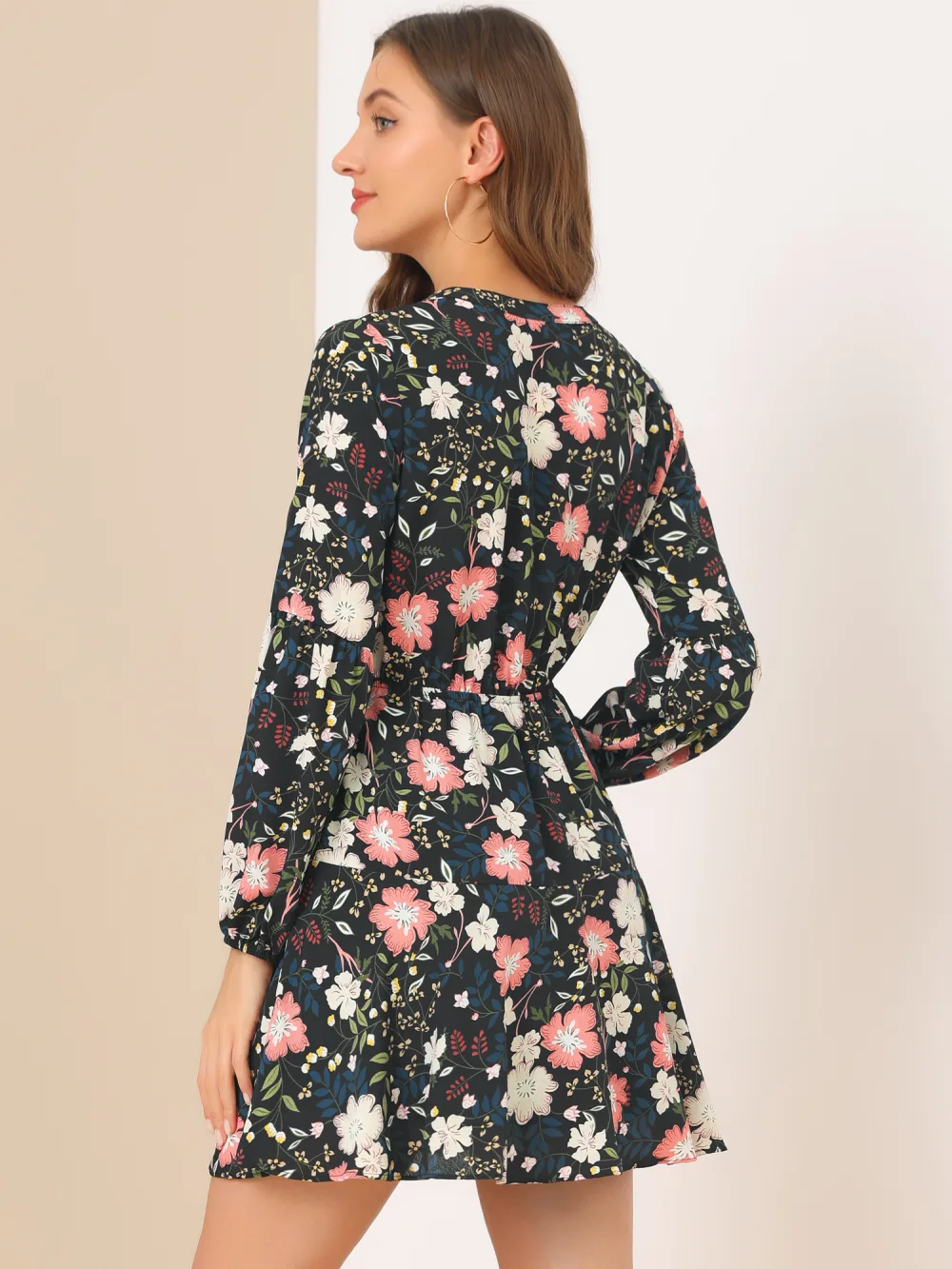 Allegra K- Button Front Tie Waist Vintage Long Sleeve Floral Dress