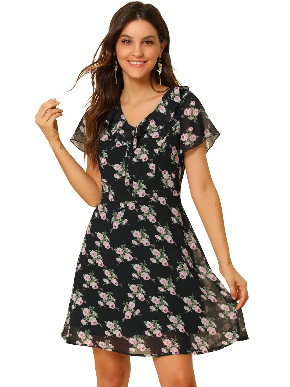 Allegra K- Ruffle Neck Short Sleeve A-Line Flowy Chiffon Floral Dress