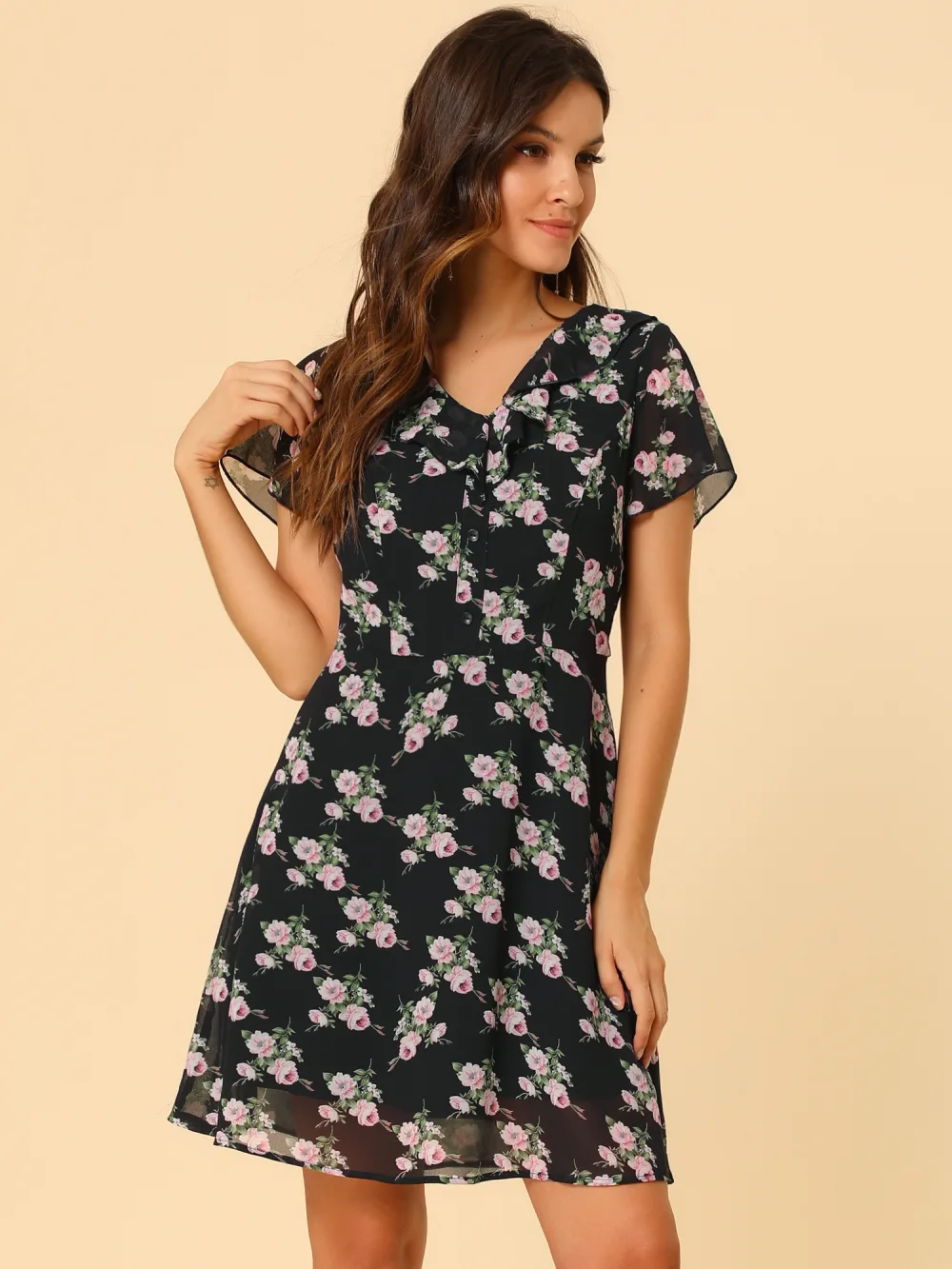 Allegra K- Ruffle Neck Short Sleeve A-Line Flowy Chiffon Floral Dress