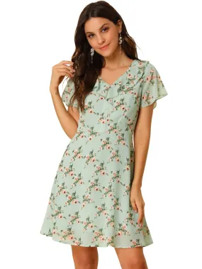 Allegra K- Ruffle Neck Short Sleeve A-Line Flowy Chiffon Floral Dress