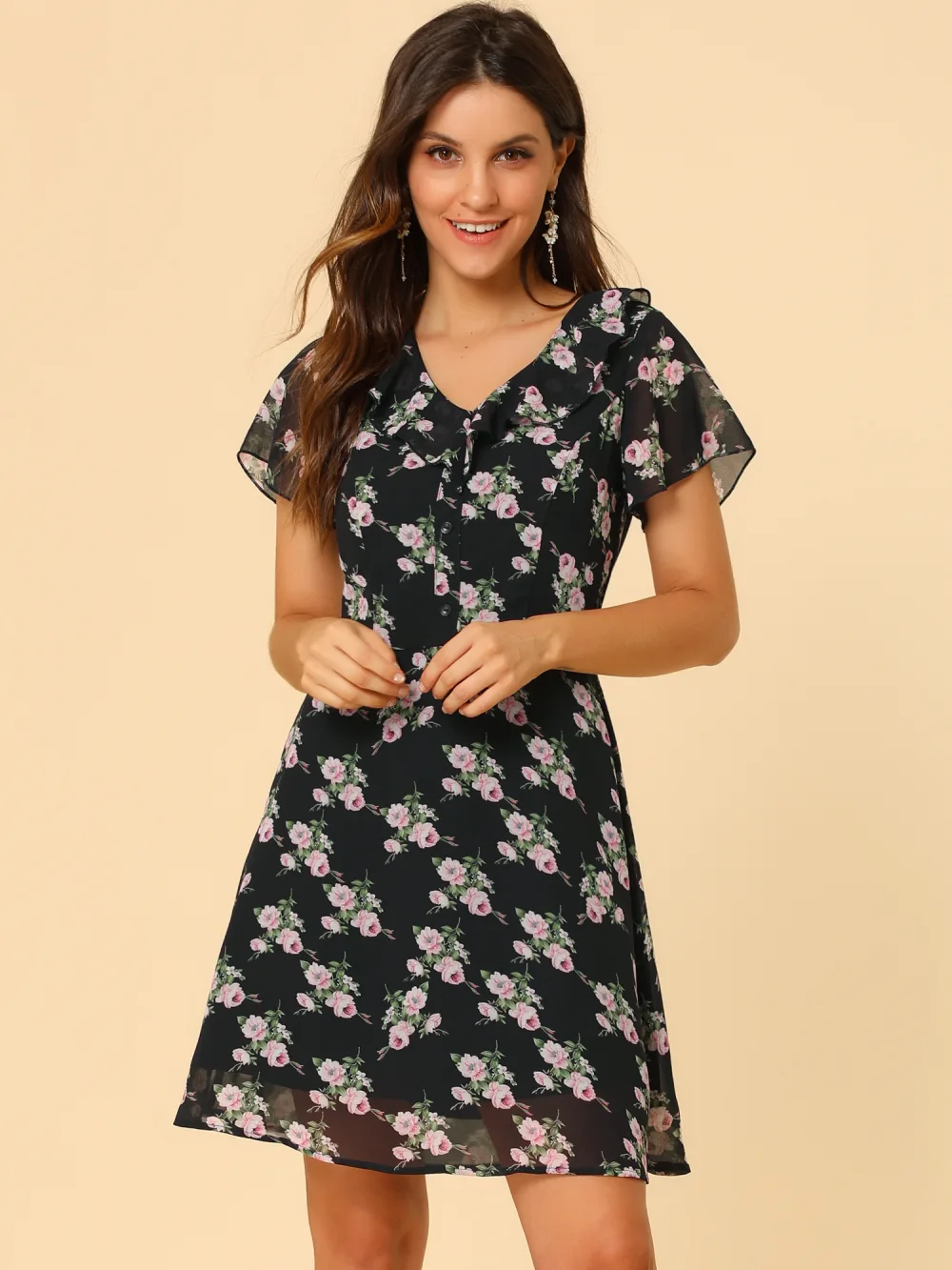 Allegra K- Ruffle Neck Short Sleeve A-Line Flowy Chiffon Floral Dress