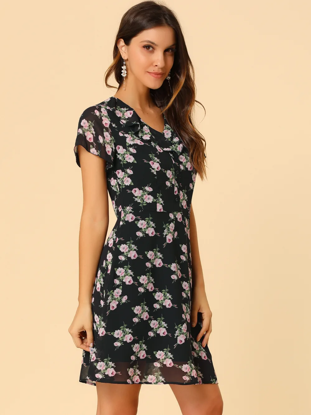 Allegra K- Ruffle Neck Short Sleeve A-Line Flowy Chiffon Floral Dress