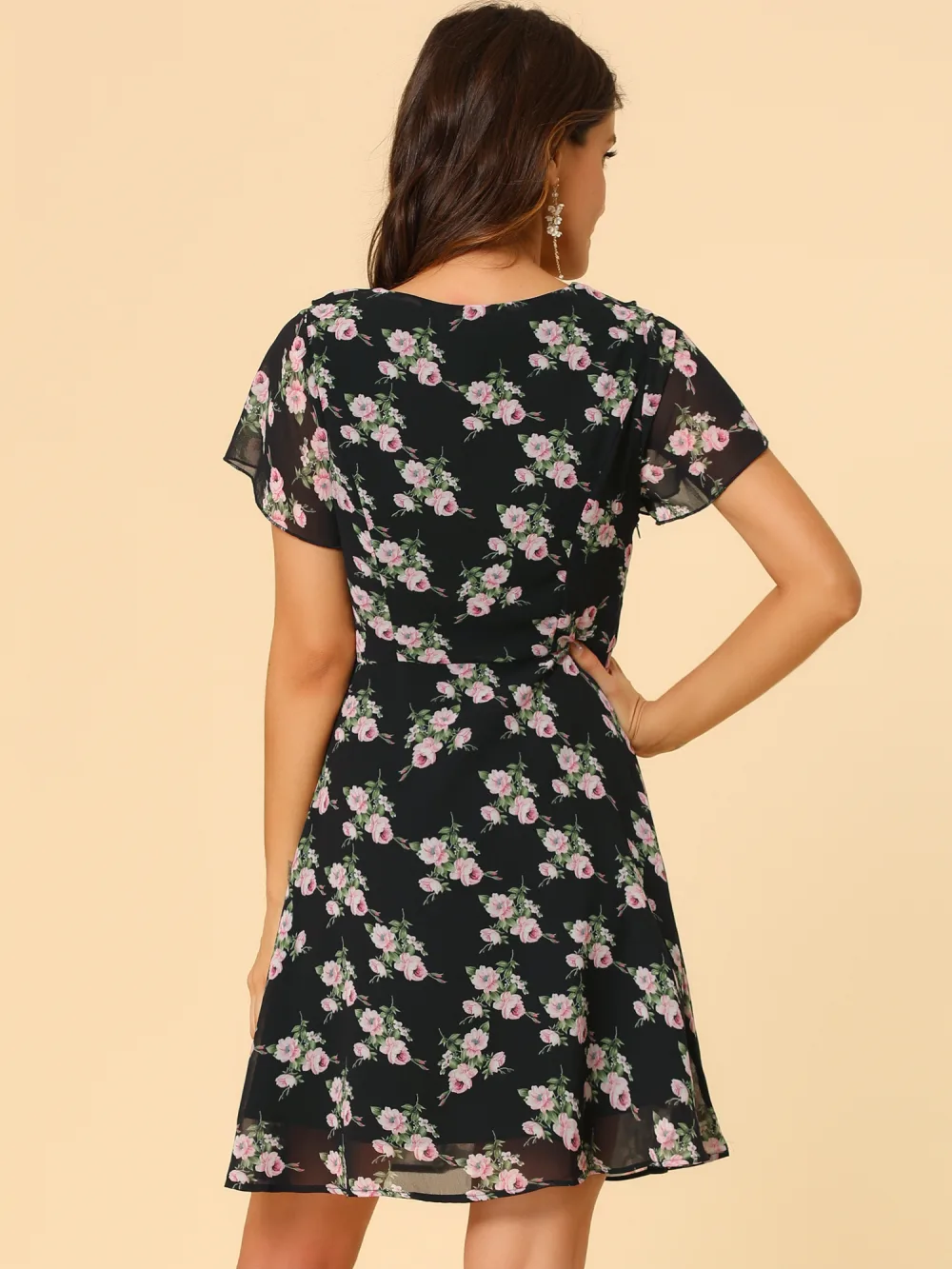 Allegra K- Ruffle Neck Short Sleeve A-Line Flowy Chiffon Floral Dress