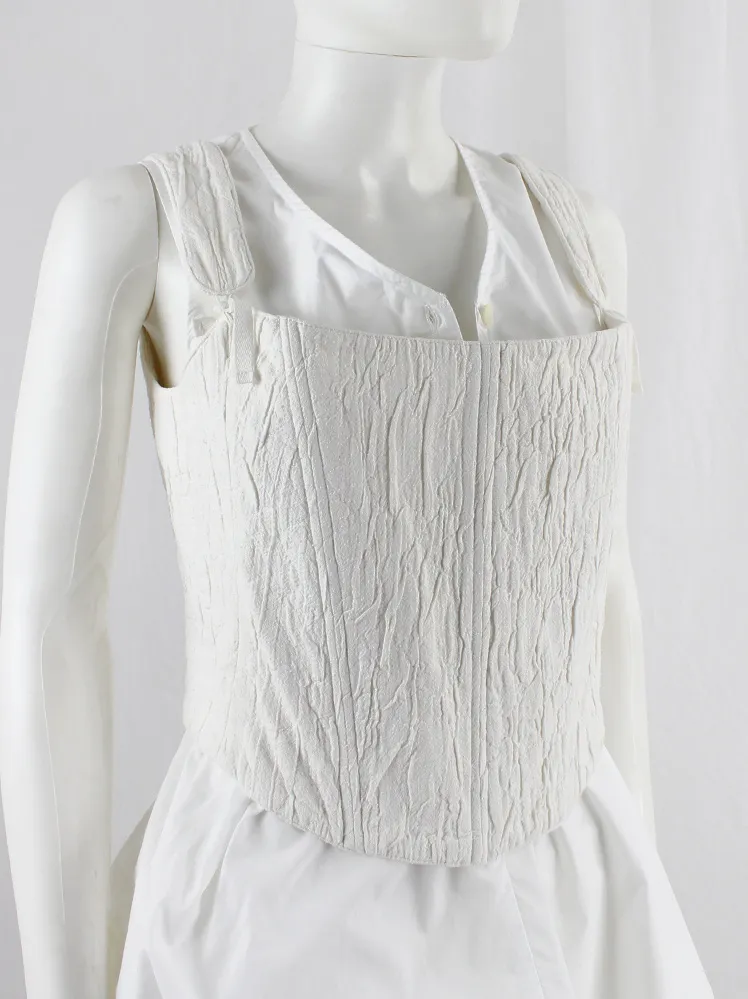 Ann Demeulemeester off-white wrinkled corset with tied shoulder bands and three back straps — spring 1994