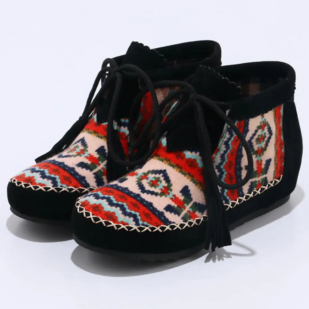 Ashore Shop Spring Autumn Fashion Large Size 34-43 Embroider Flock Lace Up Ankle Boots