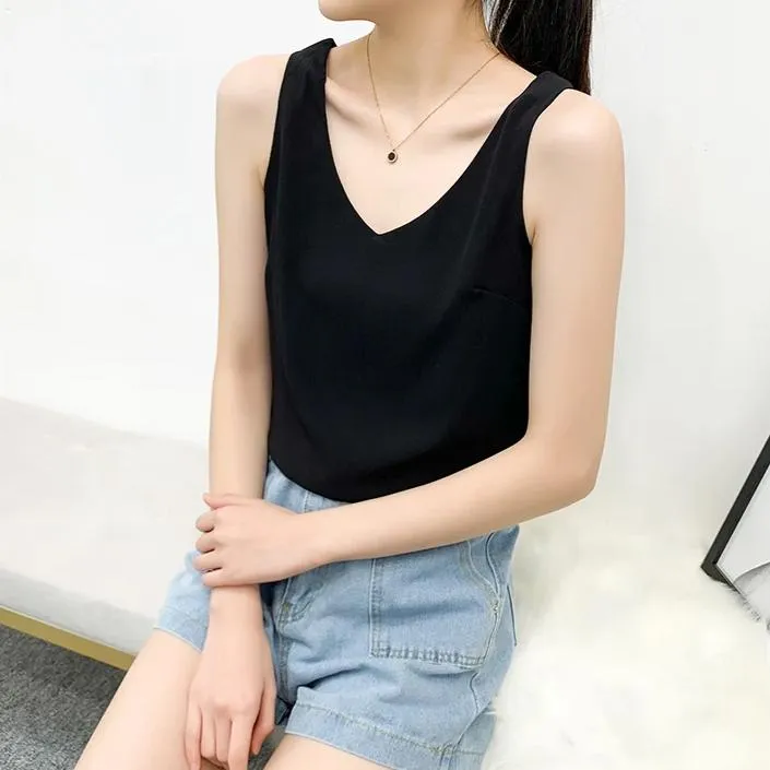 Basic V Neck Sleeveless Top in Black