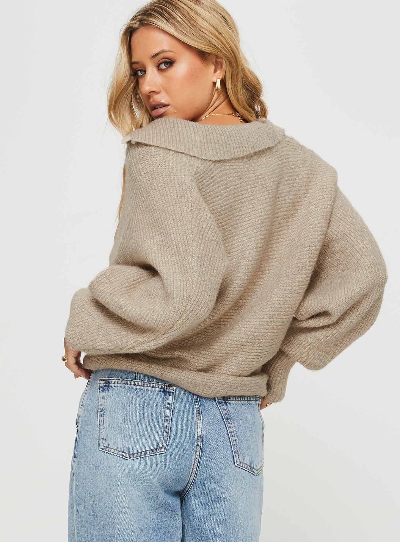 Bella Notched Neck Sweater Beige