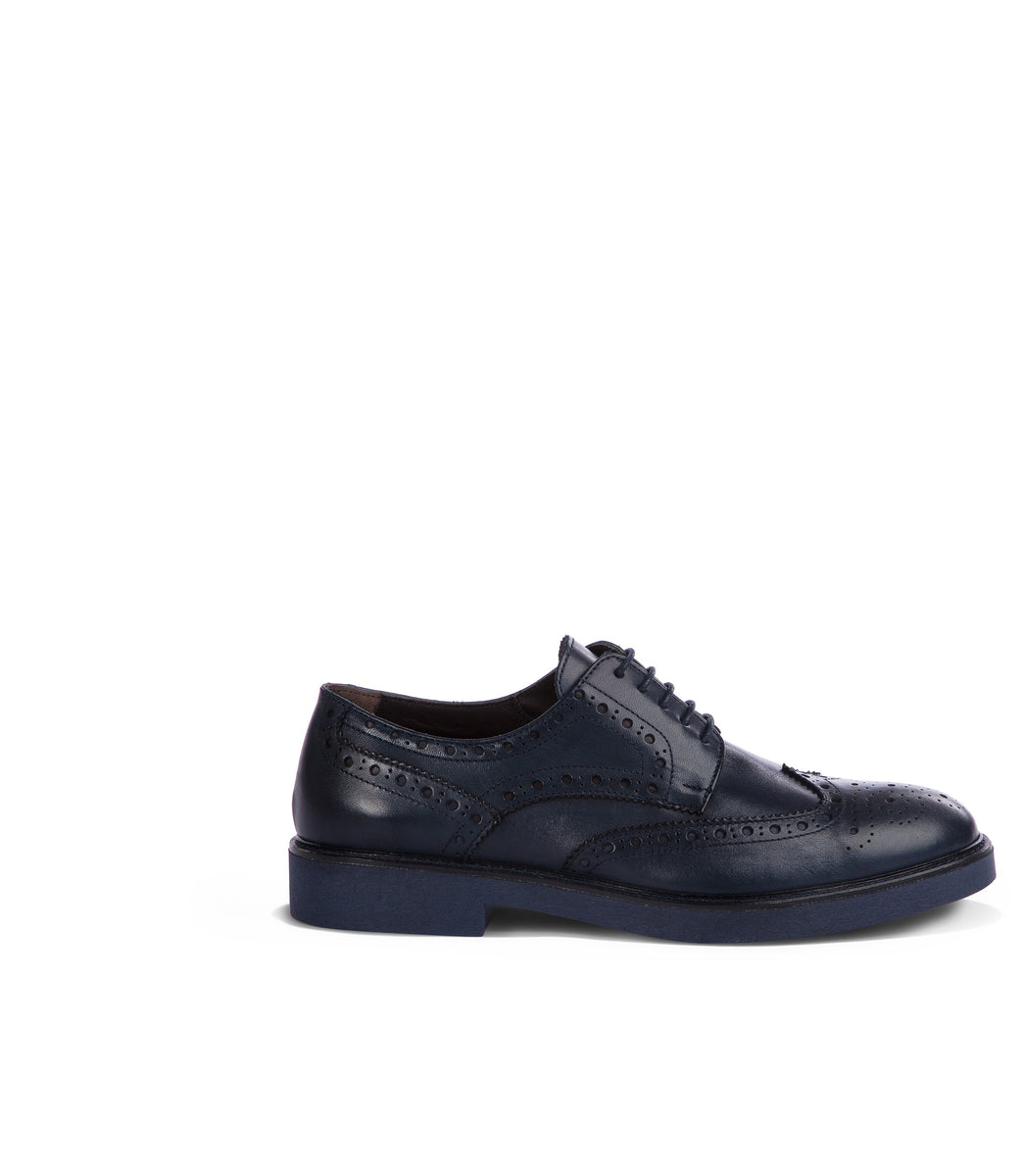 Blue brogue leather derby shoes