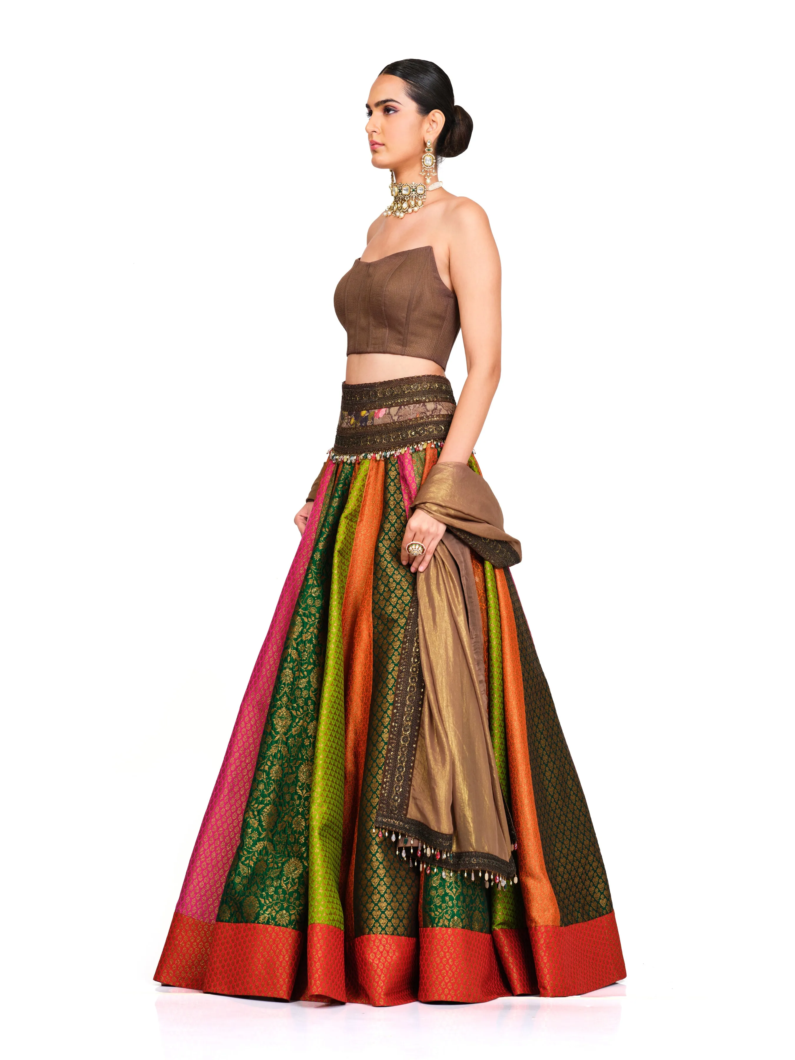 Brocade Corset Lehenga with Organza Dupatta