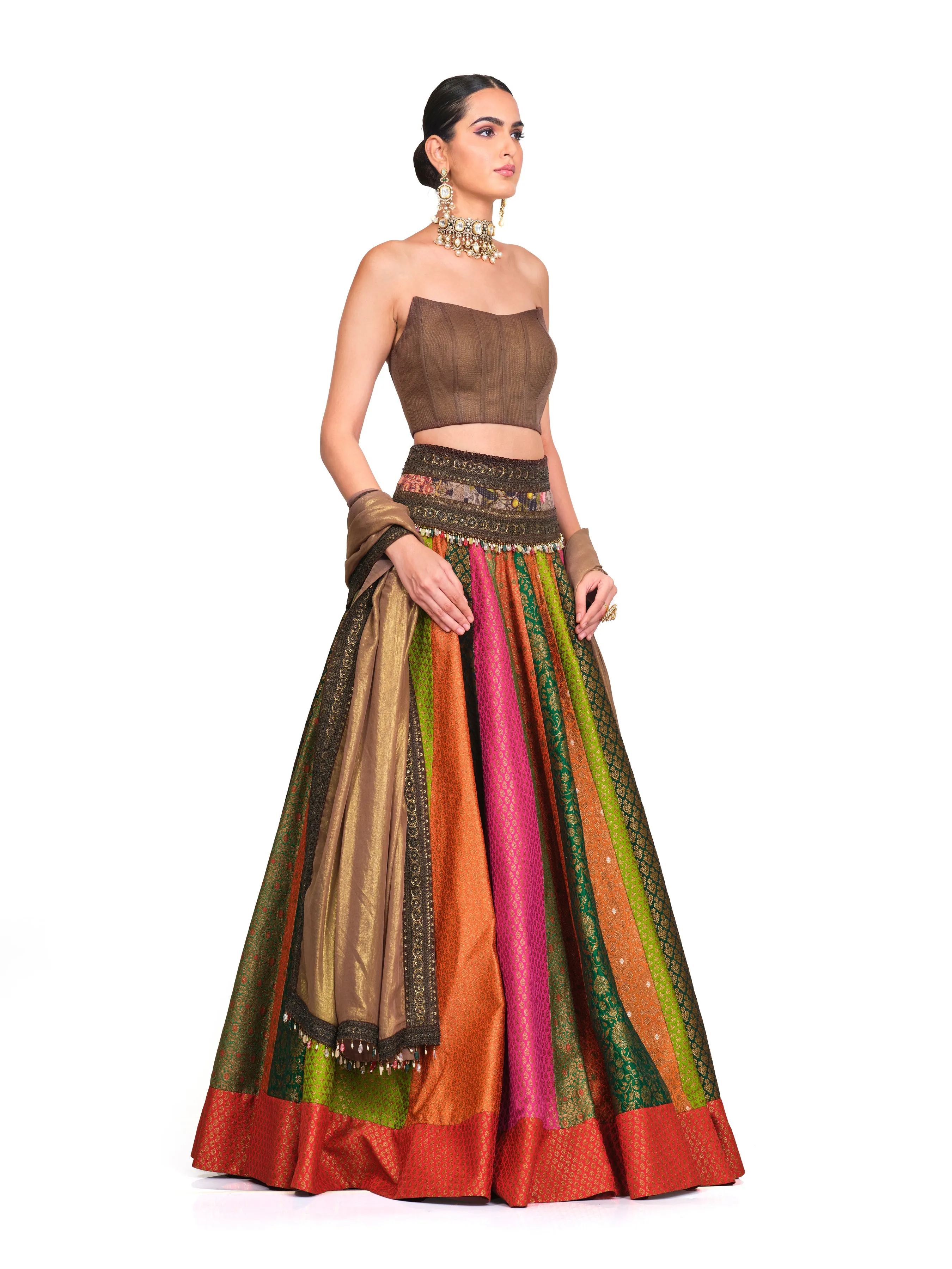 Brocade Corset Lehenga with Organza Dupatta