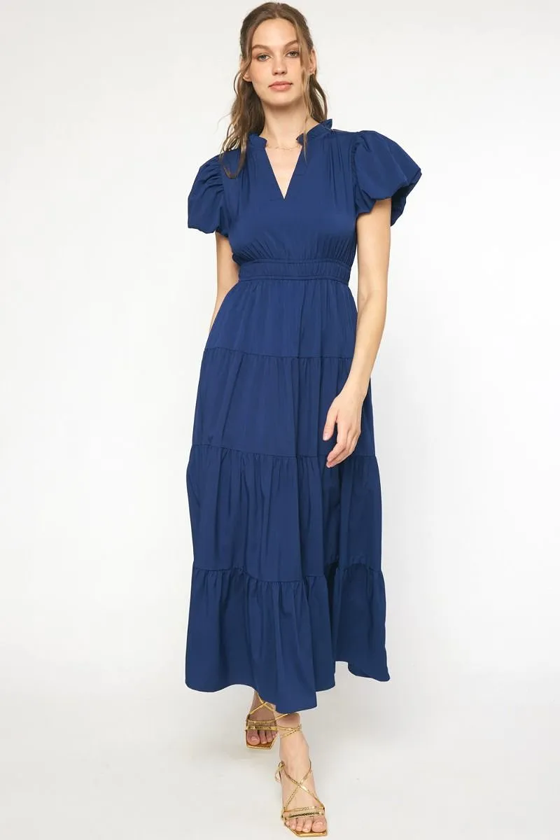 Bubble Sleeve Tiered Midi Dress - Navy