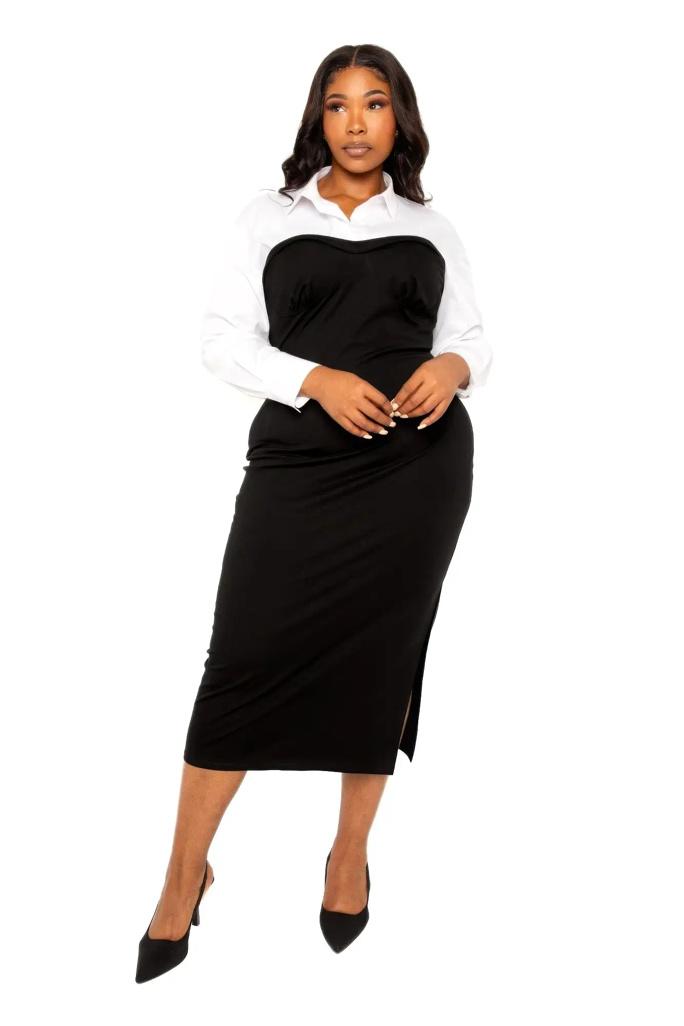 Collared Shirt Bodycon Midi Dress With Side Slit