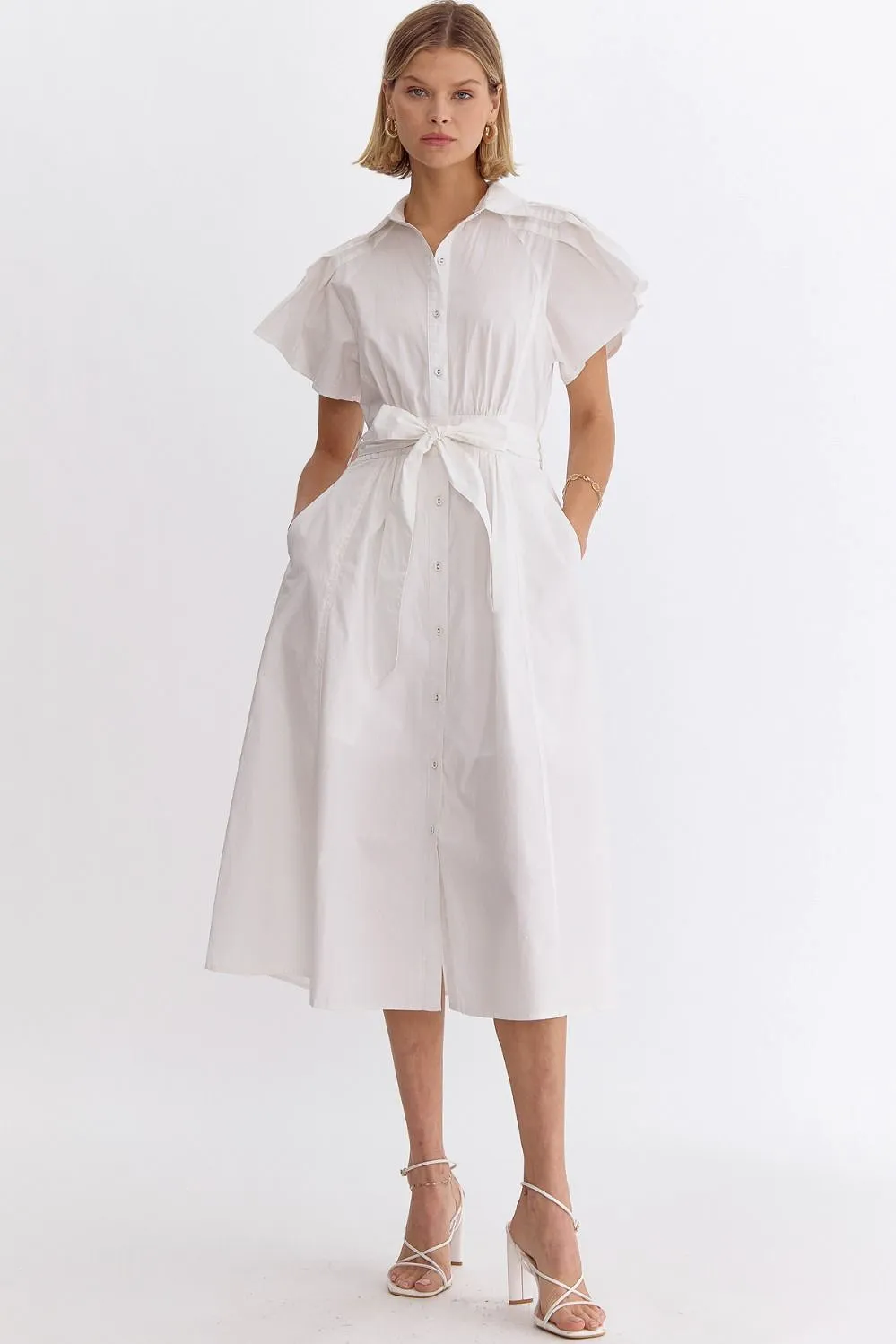 Collared Short Sleeve Midi Dress - Off White