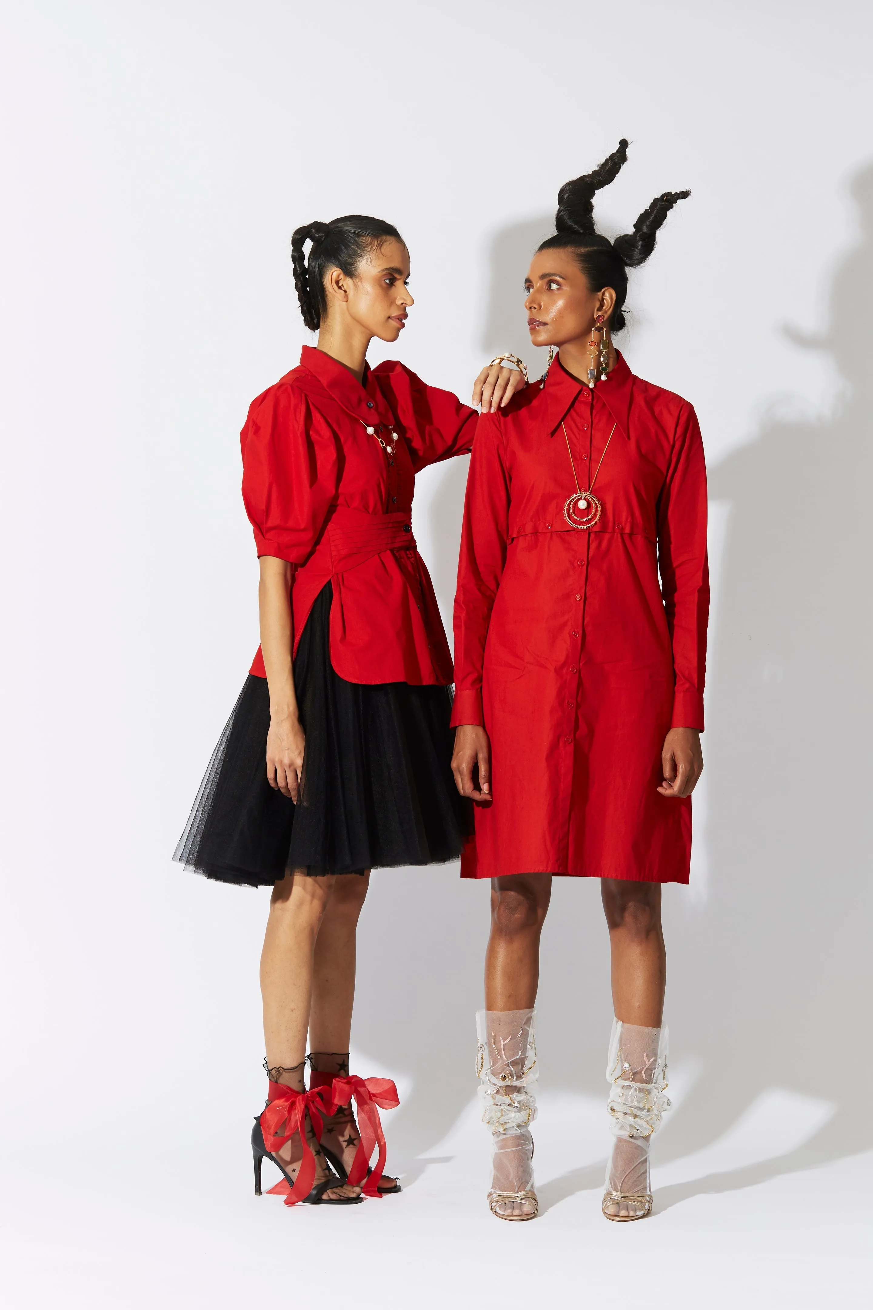 Cross Placket Shirt Dress Red