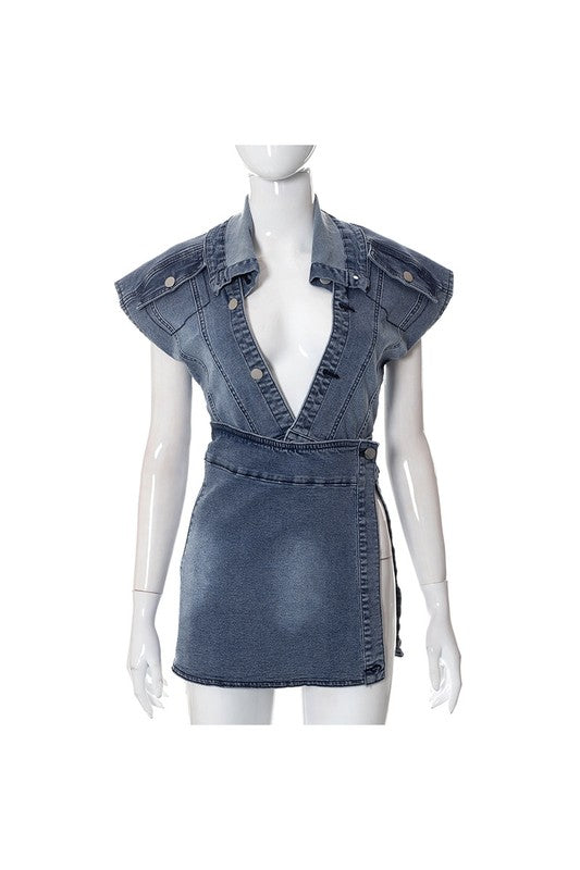 Denim Vest Jacket And Skirt Set