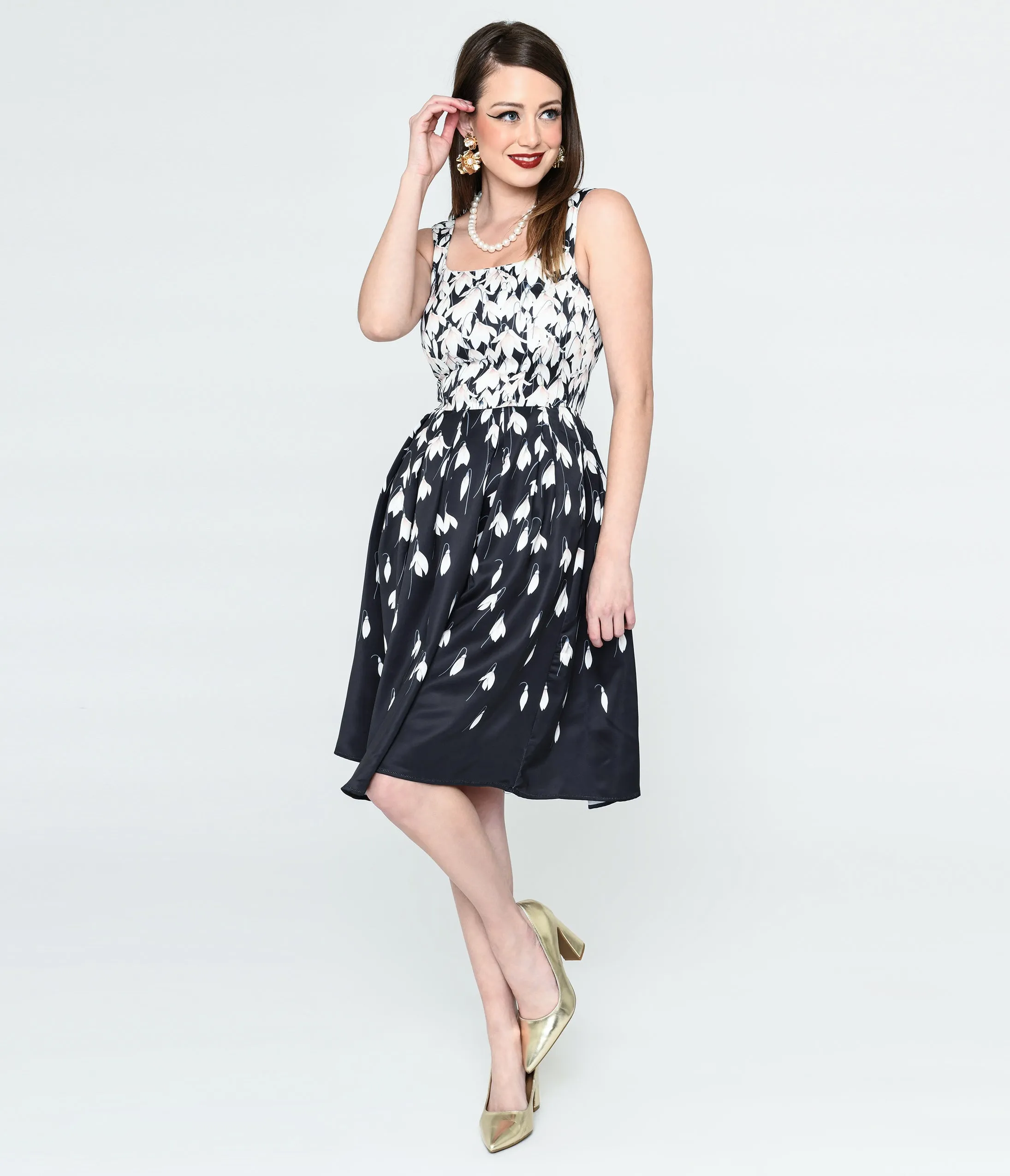 Dolly & Dotty Black & White Snowdrop Floral Swing Dress