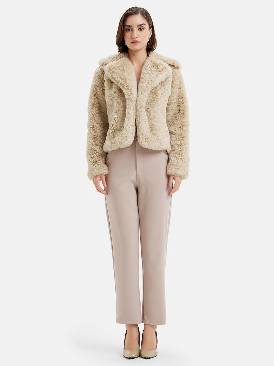 Faux Fur Jacket With Lapel Collar.