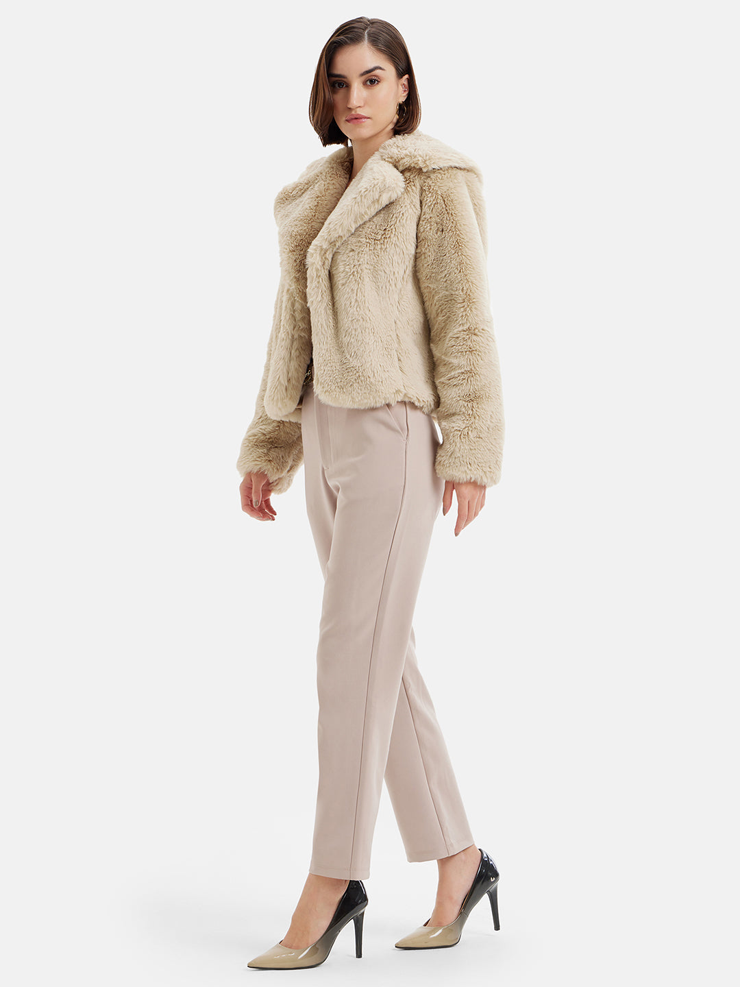 Faux Fur Jacket With Lapel Collar.