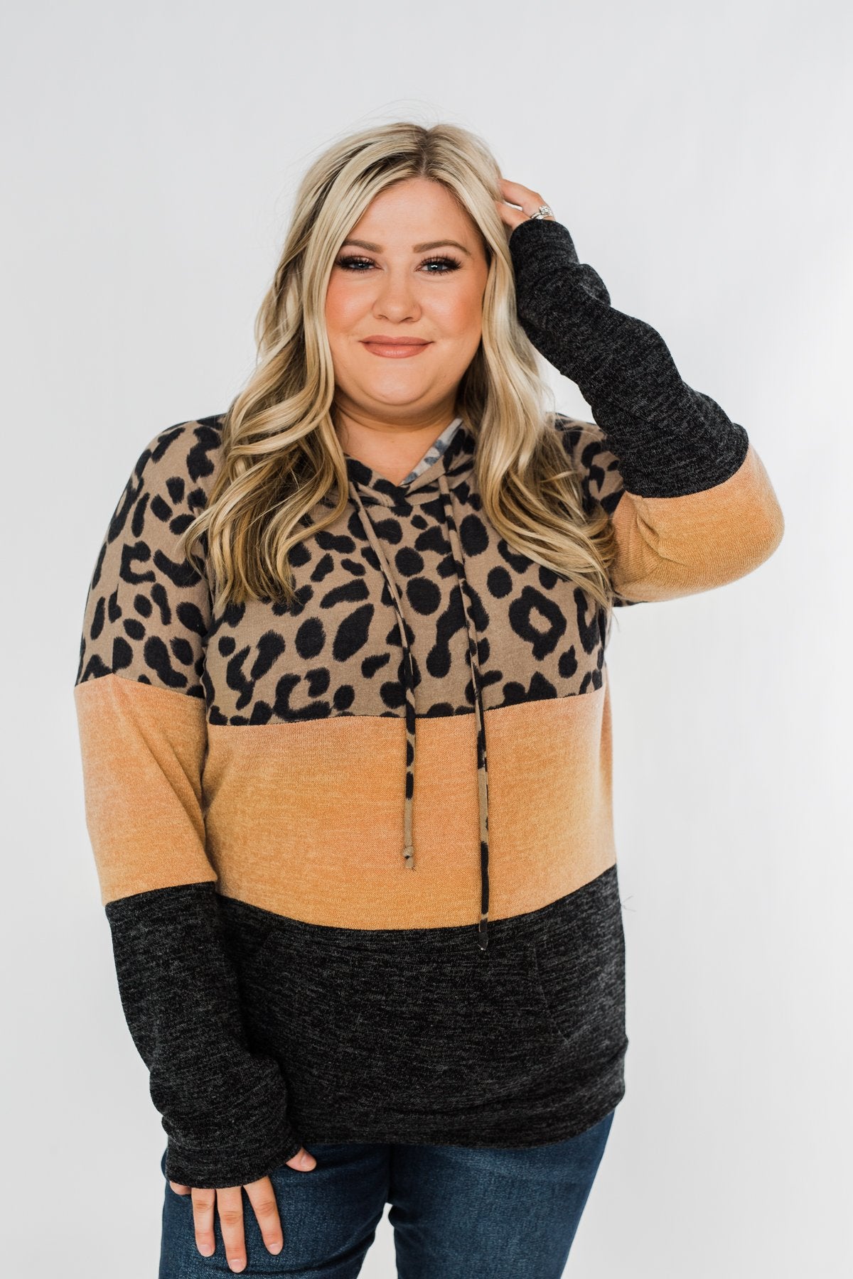 Fierce Love Leopard Color Block Hoodie- Taupe, Mustard, Black