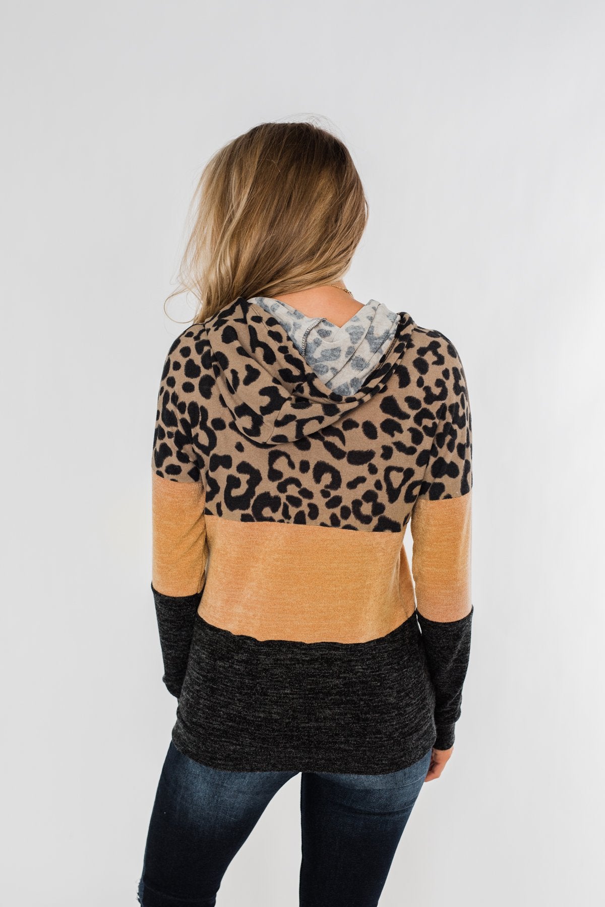 Fierce Love Leopard Color Block Hoodie- Taupe, Mustard, Black