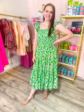 FLORAL MIDI DRESS - KELLY GREEN