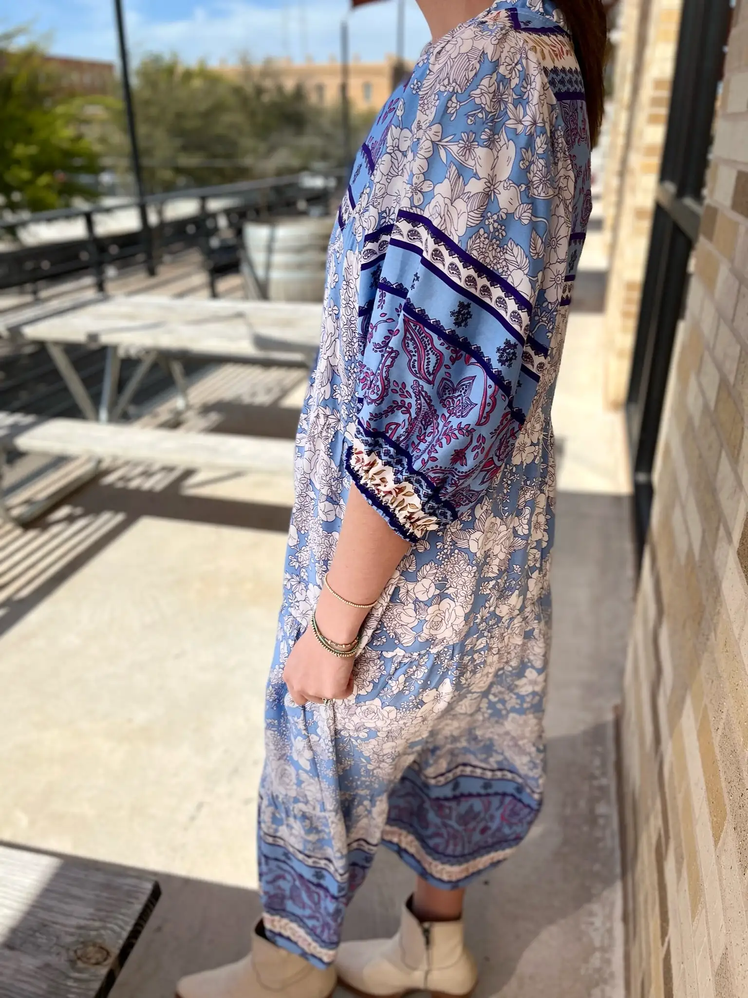 Floral Paisley Print Midi Dress - Blue Mix