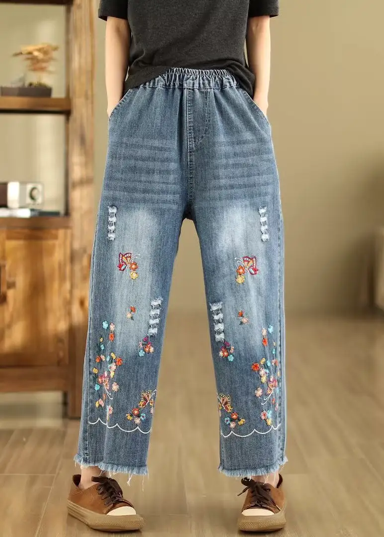 French Blue Embroidered Elastic Waist Denim Crop Pants Summer QA1095