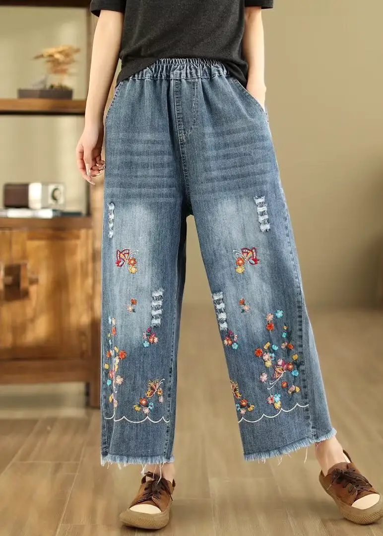 French Blue Embroidered Elastic Waist Denim Crop Pants Summer QA1095