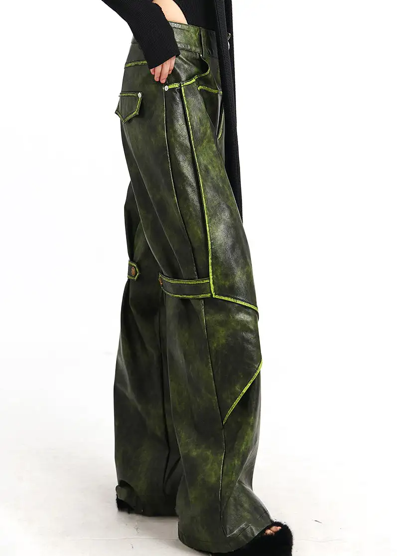 French Green Pockets High Waist Faux Leather Pants Spring AS1011