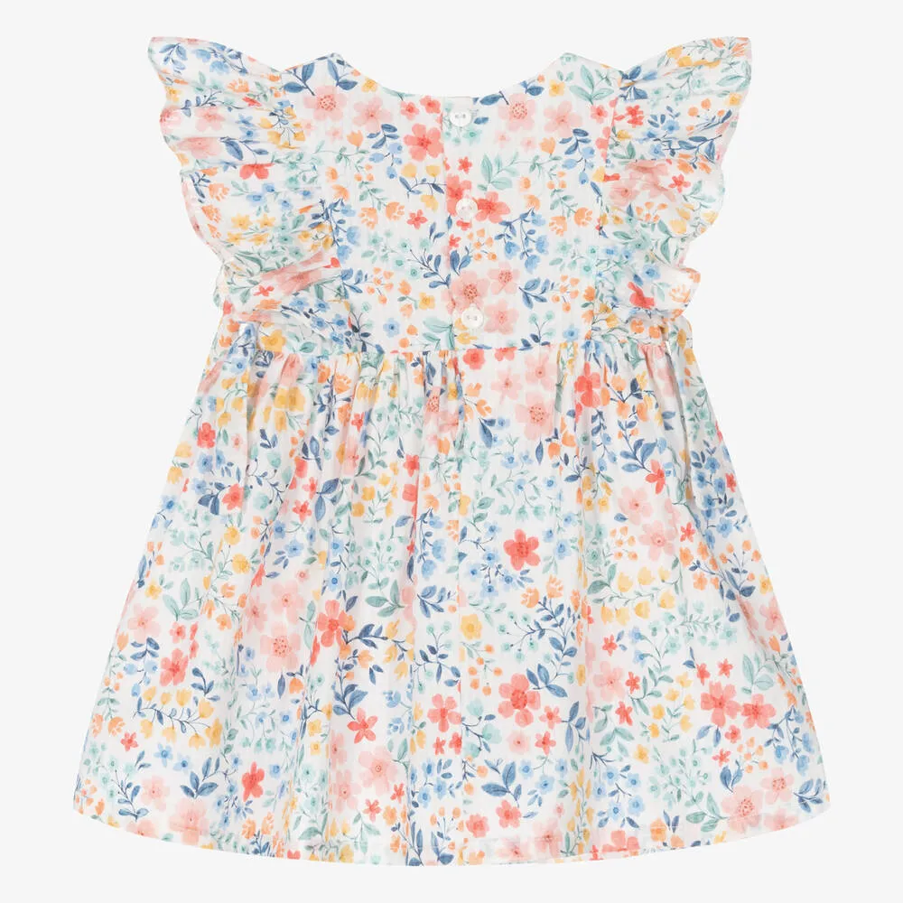 Girls Blue & Pink Cotton Floral Dress 