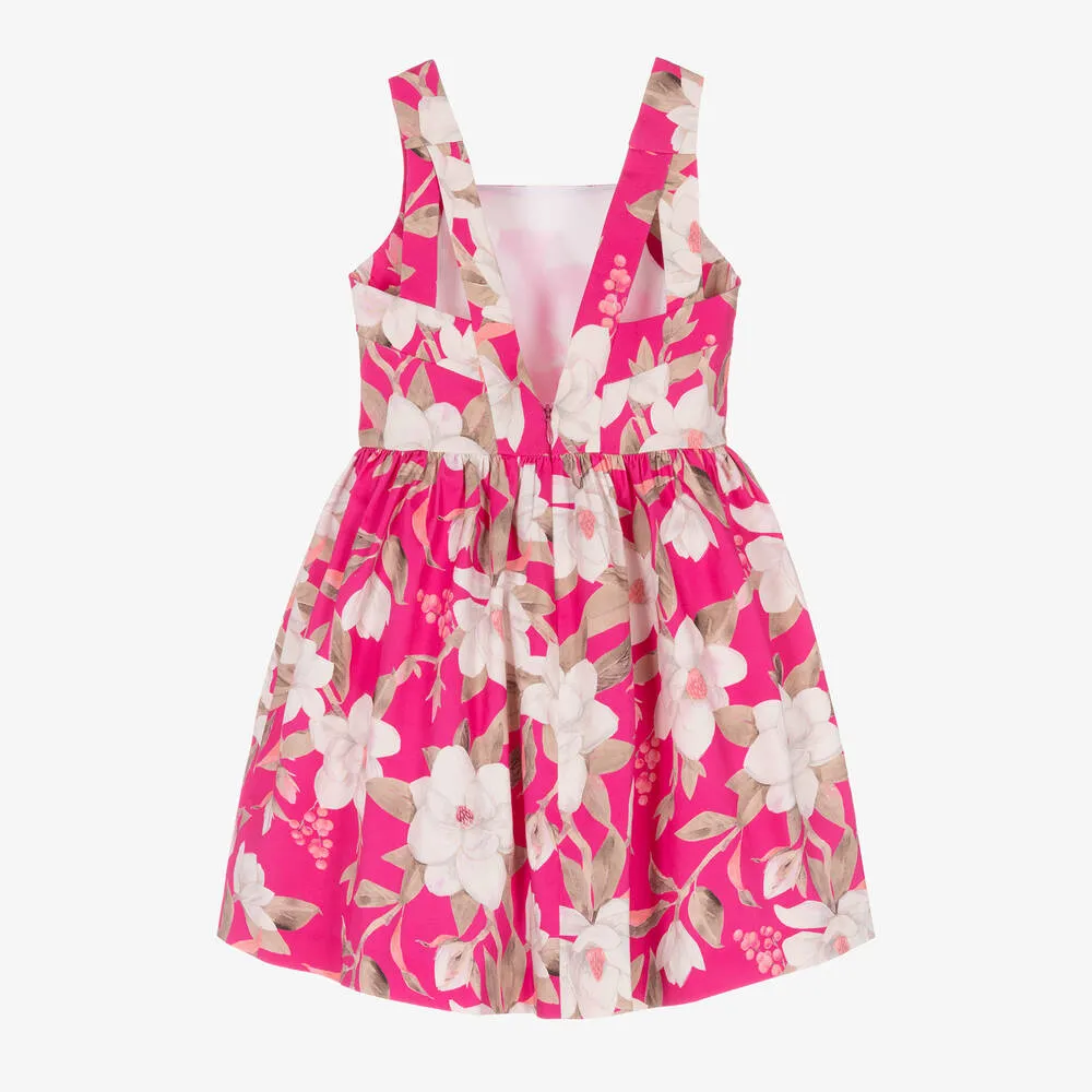 Girls Pink & Beige Cotton Floral Dress