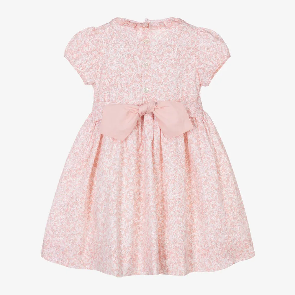 Girls Pink Cotton Smocked Floral Dress