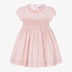 Girls Pink Cotton Smocked Floral Dress