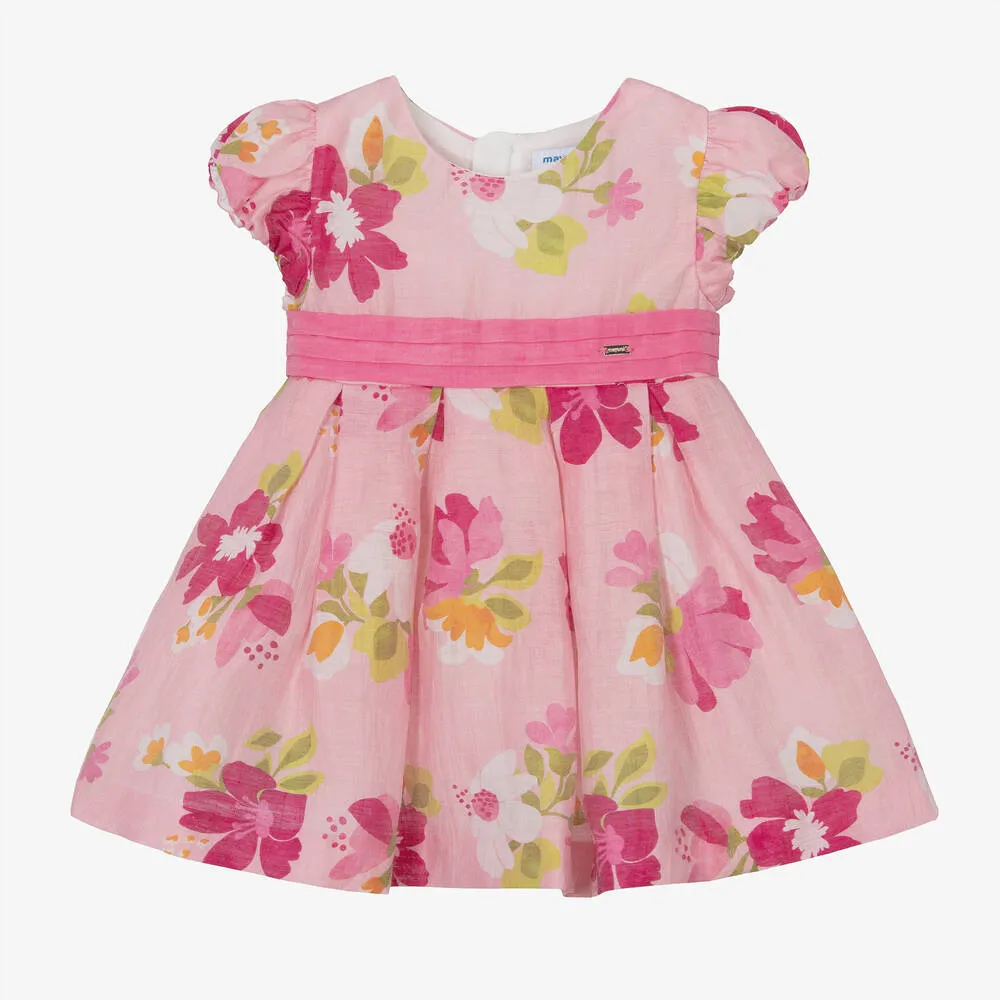 Girls Pink Linen Floral Dress