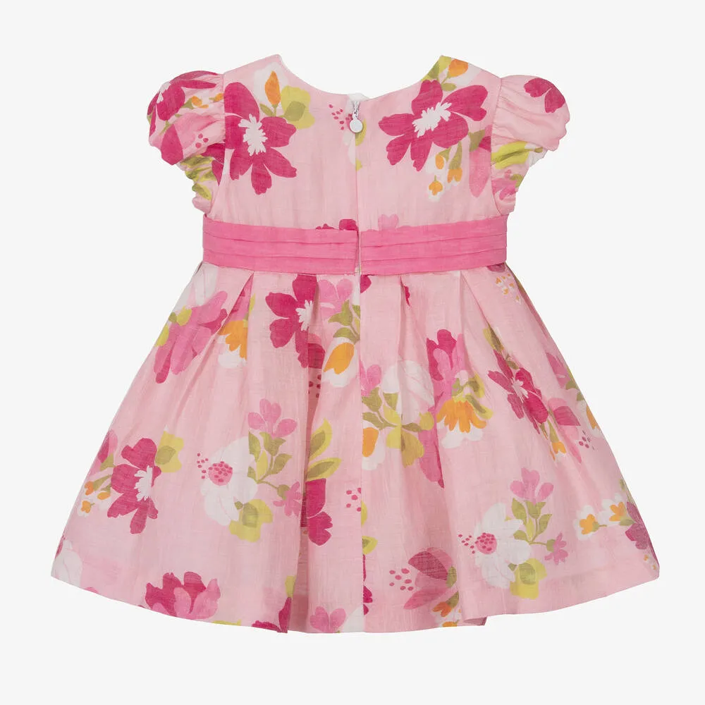 Girls Pink Linen Floral Dress